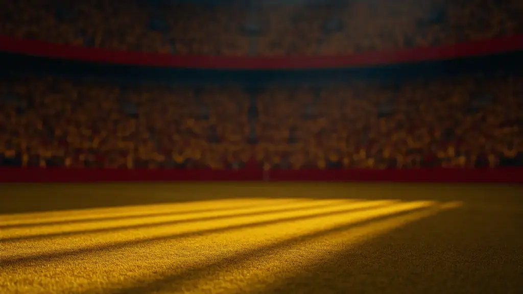 Packed stadium at floodlit golden-hour kick-off with Colombian yellow-red and Ghanaian red-gold colour palette, dramatic shadows.