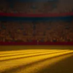 Packed stadium at floodlit golden-hour kick-off with Colombian yellow-red and Ghanaian red-gold colour palette, dramatic shadows.