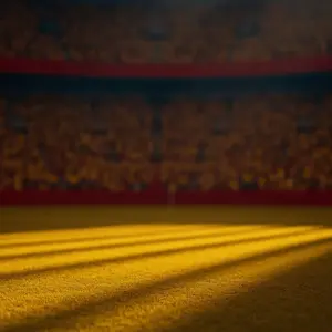 Packed stadium at floodlit golden-hour kick-off with Colombian yellow-red and Ghanaian red-gold colour palette, dramatic shadows.