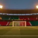 Empty floodlit stadium at dusk with emerald and crimson lighting, dramatic shadows cast across tiered stands, cinematic editorial sports photography aesthetic.