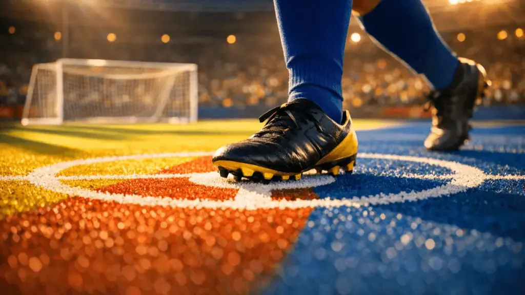 Floodlit stadium pitch in yellow and blue geometric patterns with football boot and goal net, golden-hour lighting and dramatic shadows.