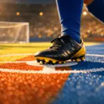 Floodlit stadium pitch in yellow and blue geometric patterns with football boot and goal net, golden-hour lighting and dramatic shadows.