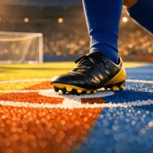 Floodlit stadium pitch in yellow and blue geometric patterns with football boot and goal net, golden-hour lighting and dramatic shadows.