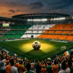Floodlit stadium at golden hour with orange and green colour blocks, football on pitch under spotlight.