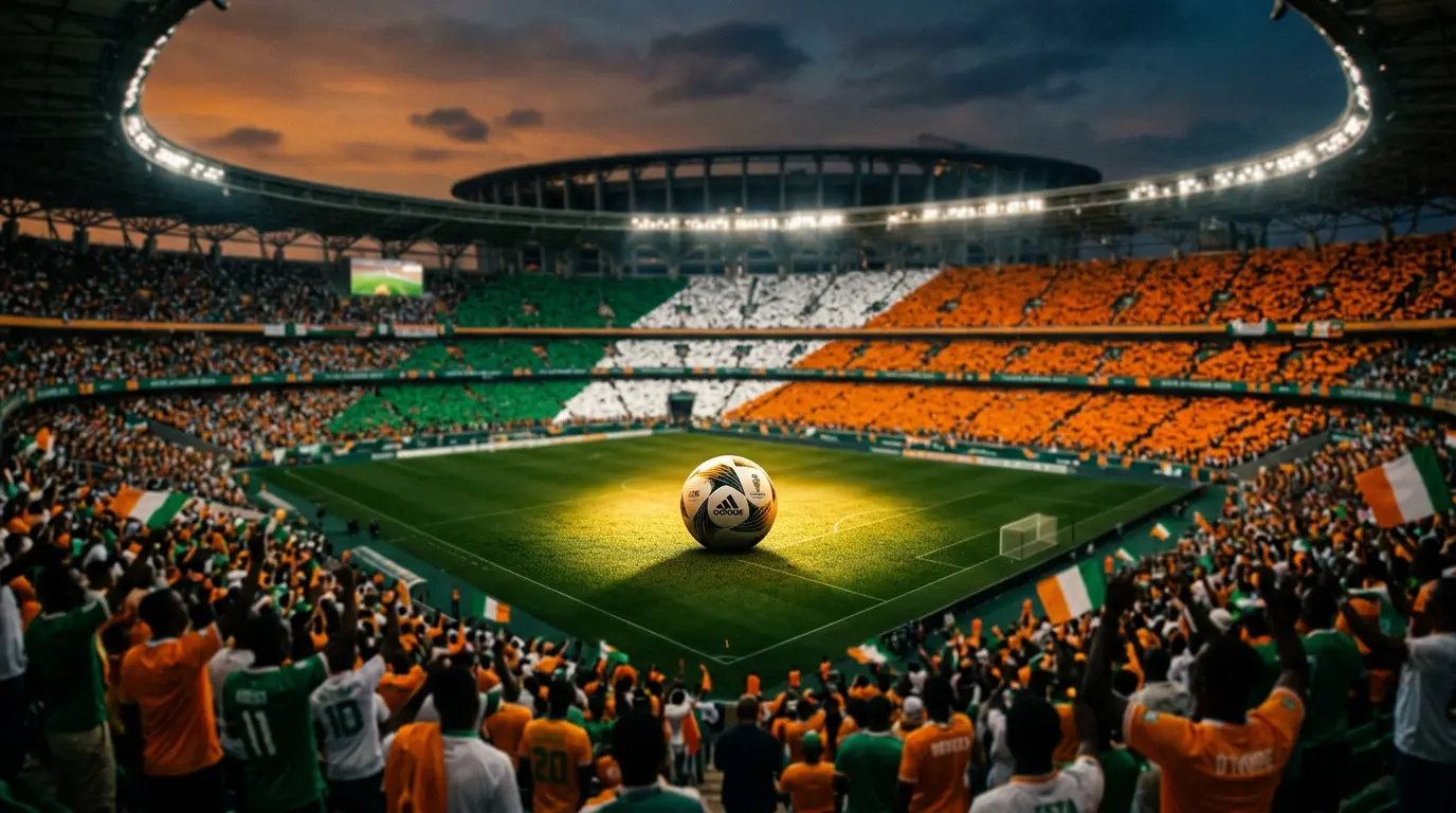 Floodlit stadium at golden hour with orange and green colour blocks, football on pitch under spotlight.