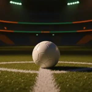 Match ball on centre spot under floodlights, stadium shadows, orange-green-yellow-blue colour accents, group-stage preview mood.