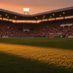 Floodlit football stadium at dusk with packed stands, golden hour lighting, and dramatic shadows across unmarked pitch.