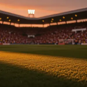 Floodlit football stadium at dusk with packed stands, golden hour lighting, and dramatic shadows across unmarked pitch.