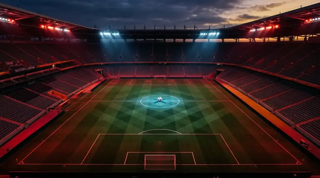 Floodlit stadium pitch with crimson and white atmospheric lighting, solitary football on centre spot, aerial perspective, sharp shadows.