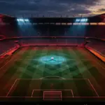 Floodlit stadium pitch with crimson and white atmospheric lighting, solitary football on centre spot, aerial perspective, sharp shadows.