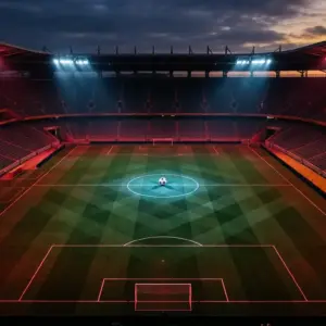 Floodlit stadium pitch with crimson and white atmospheric lighting, solitary football on centre spot, aerial perspective, sharp shadows.
