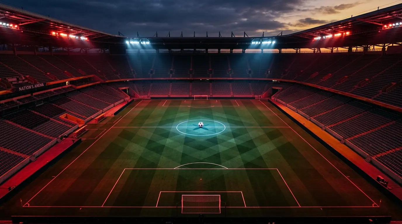 Floodlit stadium pitch with crimson and white atmospheric lighting, solitary football on centre spot, aerial perspective, sharp shadows.