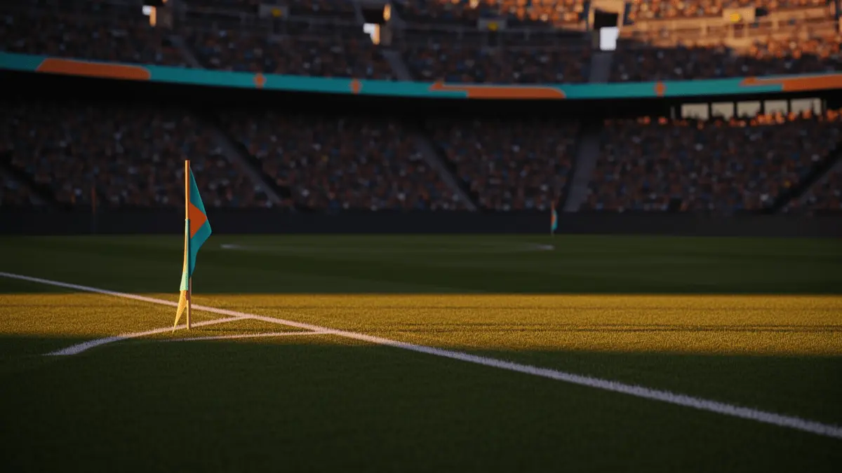 Floodlit stadium pitch at dusk with dramatic shadows and golden atmospheric lighting, no players visible.