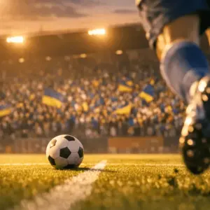 Floodlit football pitch with blue and yellow crowd, boots in motion, match ball in foreground.