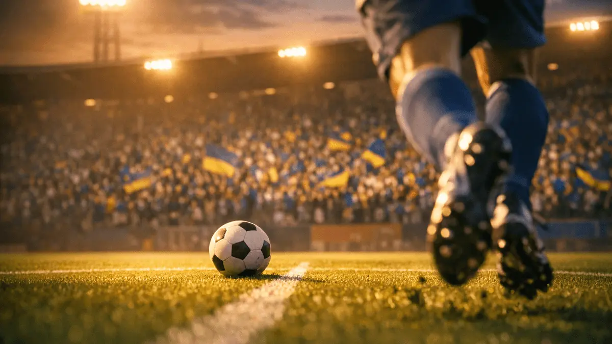 Floodlit football pitch with blue and yellow crowd, boots in motion, match ball in foreground.