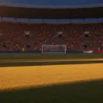 Floodlit stadium with golden-hour lighting and shadow patterns, empty pitch during knockout match atmosphere.