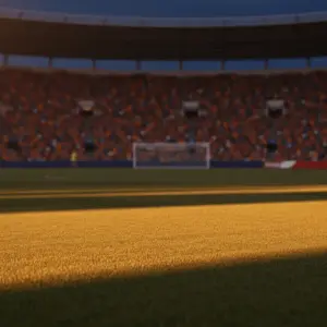 Floodlit stadium with golden-hour lighting and shadow patterns, empty pitch during knockout match atmosphere.
