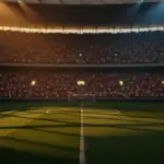 Empty floodlit football stadium at golden-hour with packed stands showing red-white and green-gold crowd colours during World Cup group stage.