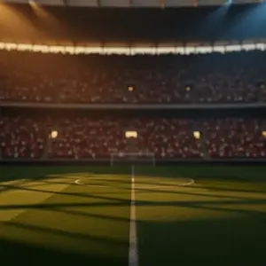 Empty floodlit football stadium at golden-hour with packed stands showing red-white and green-gold crowd colours during World Cup group stage.