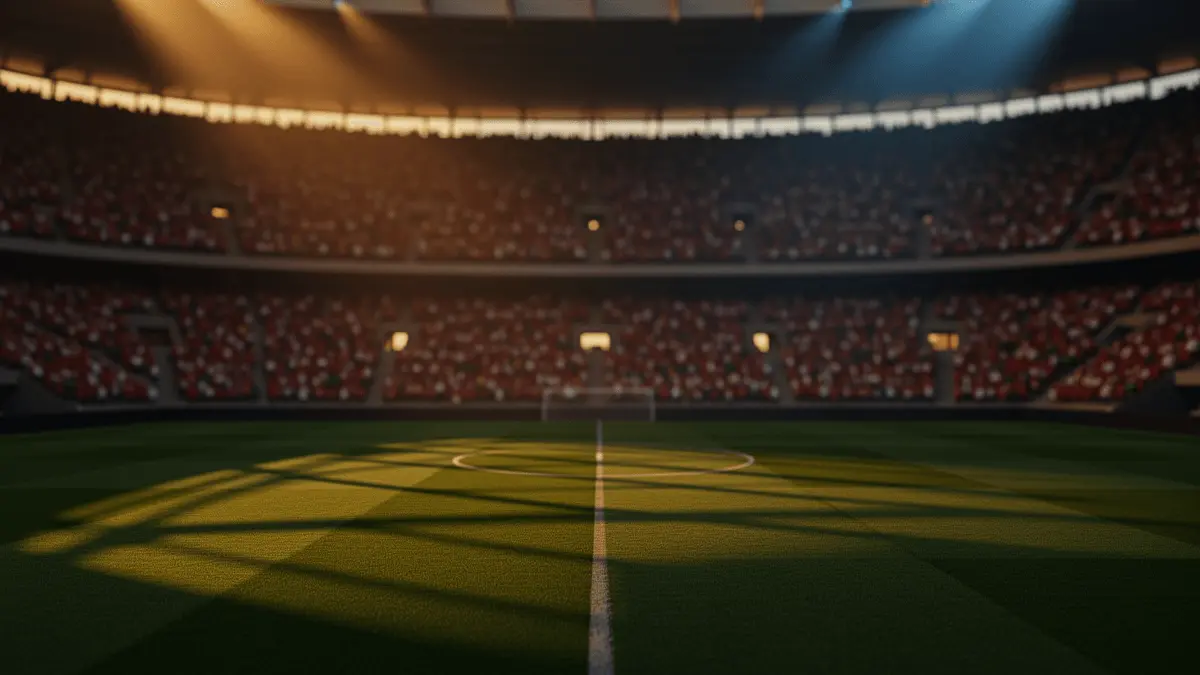 Empty floodlit football stadium at golden-hour with packed stands showing red-white and green-gold crowd colours during World Cup group stage.