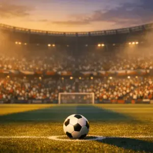 Floodlit stadium pitch at dusk with red and white spectators; football on penalty spot, cinematic evening mood.
