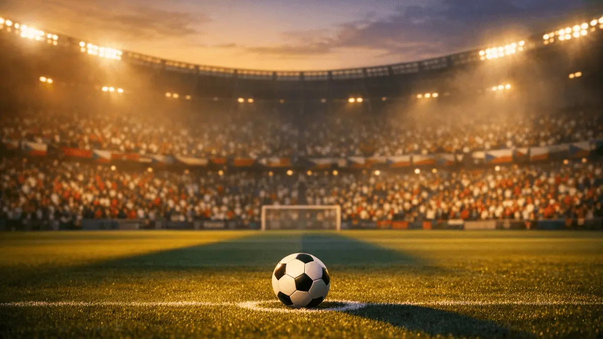 Floodlit stadium pitch at dusk with red and white spectators; football on penalty spot, cinematic evening mood.