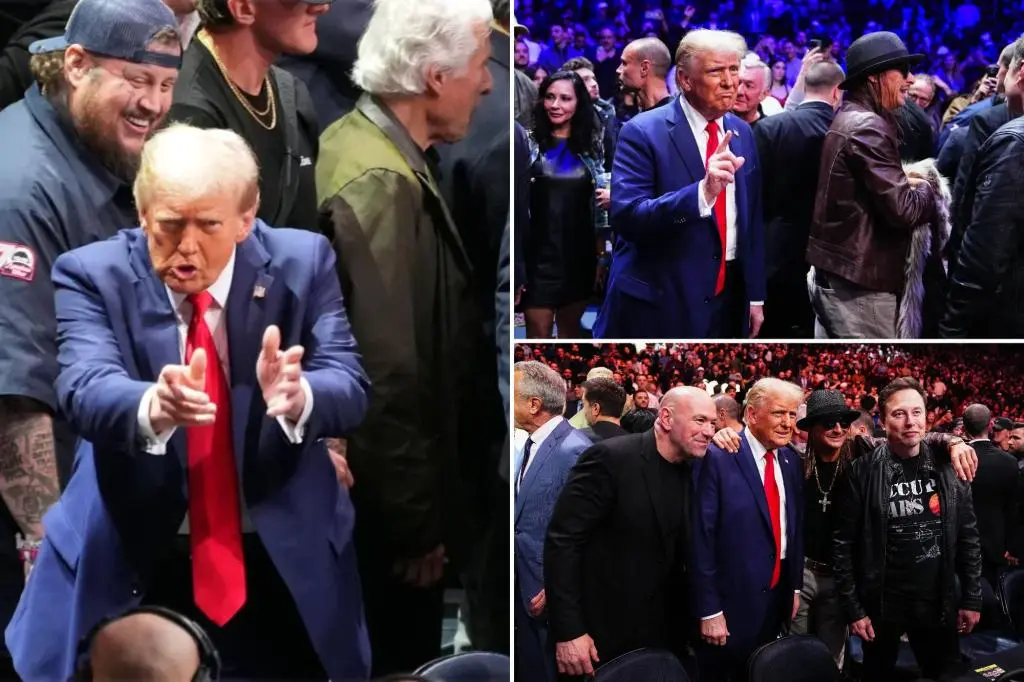 Donald Trump at the NBA Finals, surrounded by fans and celebrities in a vibrant arena.