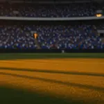 Floodlit stadium pitch at golden-hour kick-off with packed stands in blue and white national colours.