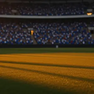 Floodlit stadium pitch at golden-hour kick-off with packed stands in blue and white national colours.