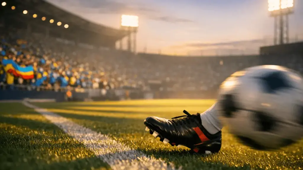 Floodlit stadium with blue and yellow stand sections, football boot in motion, golden-hour shadows—DR Congo World Cup 2026 odds composition.
