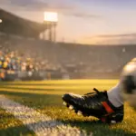 Floodlit stadium with blue and yellow stand sections, football boot in motion, golden-hour shadows—DR Congo World Cup 2026 odds composition.