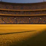 Floodlit stadium at dusk with yellow, blue and white crowd sections; empty pitch ready for match.