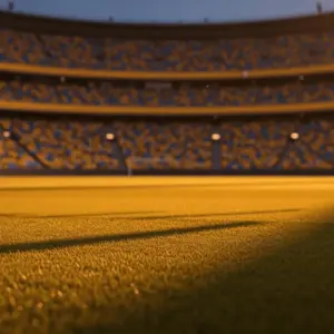 Floodlit stadium at dusk with yellow, blue and white crowd sections; empty pitch ready for match.