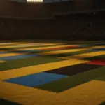 Floodlit stadium pitch at dusk with yellow-blue and black-red colour scheme, dramatic shadows, packed stands blurred in background.