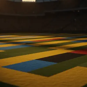 Floodlit stadium pitch at dusk with yellow-blue and black-red colour scheme, dramatic shadows, packed stands blurred in background.