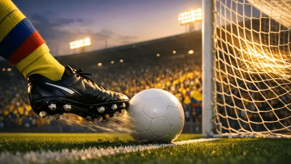 Stadium scene with Ecuador-coloured crowd in yellow and blue, floodlit pitch at dusk, footballer in motion.
