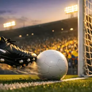 Stadium scene with Ecuador-coloured crowd in yellow and blue, floodlit pitch at dusk, footballer in motion.