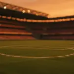 Floodlit stadium pitch at dusk with red-toned atmospheric lighting, packed stands blurred behind, dramatic shadows.