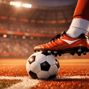 Floodlit stadium pitch with football boot striking ball, red and white Egyptian colour palette, evening golden-hour lighting.