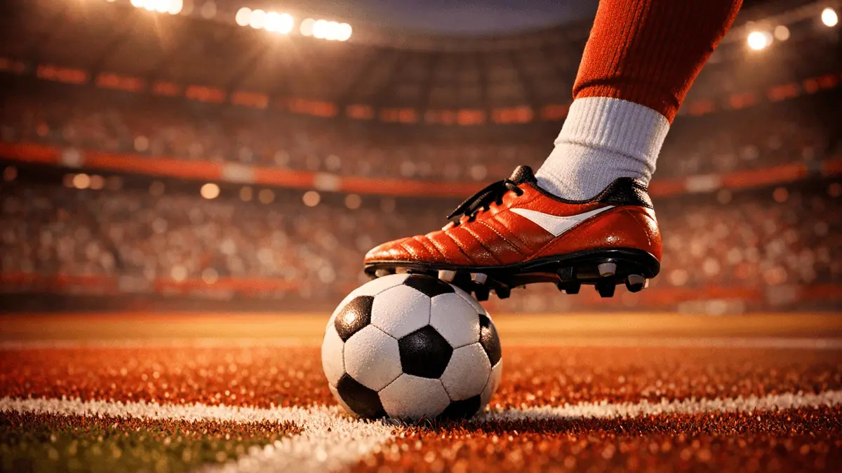 Floodlit stadium pitch with football boot striking ball, red and white Egyptian colour palette, evening golden-hour lighting.
