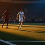 Floodlit stadium corner at dusk with two footballers in contrasting kits approaching each other on the pitch amid crowd shadows.