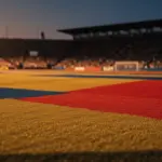 Floodlit stadium at dusk with packed stands, dramatic shadows, and golden-hour lighting across empty pitch.