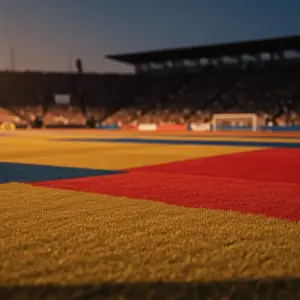 Floodlit stadium at dusk with packed stands, dramatic shadows, and golden-hour lighting across empty pitch.