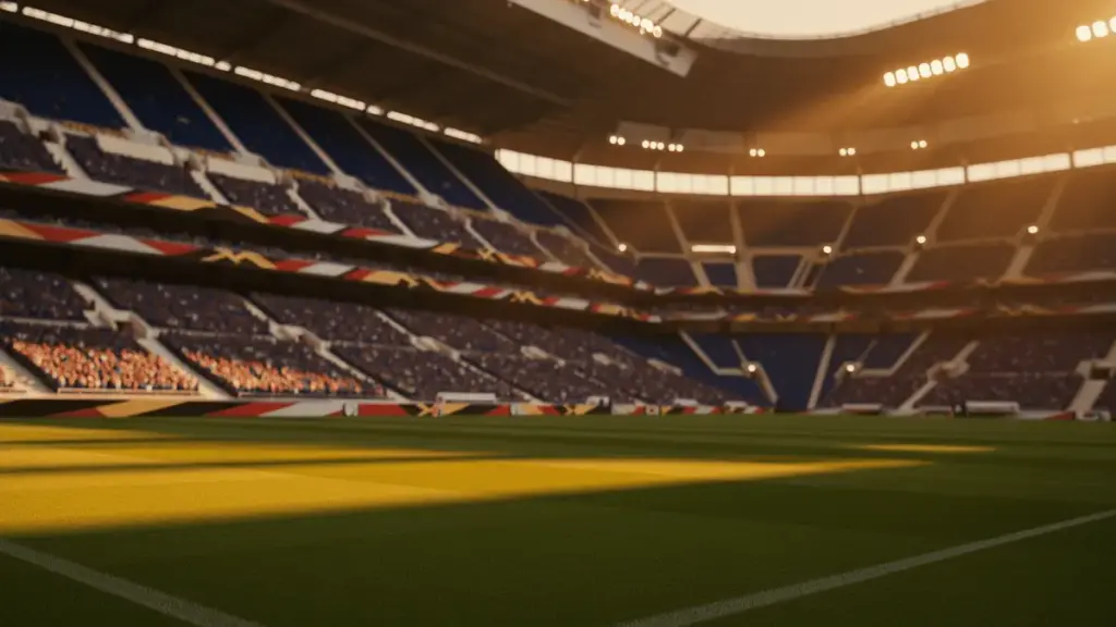 Floodlit stadium at golden-hour with packed stands, dramatic shadows, and empty pitch ready for international football match.