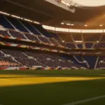 Floodlit stadium at golden-hour with packed stands, dramatic shadows, and empty pitch ready for international football match.
