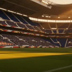 Floodlit stadium at golden-hour with packed stands, dramatic shadows, and empty pitch ready for international football match.