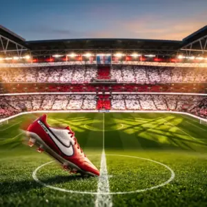 Floodlit stadium with England flag colours in stands and centre-circle pitch detail, professional football boot in motion.