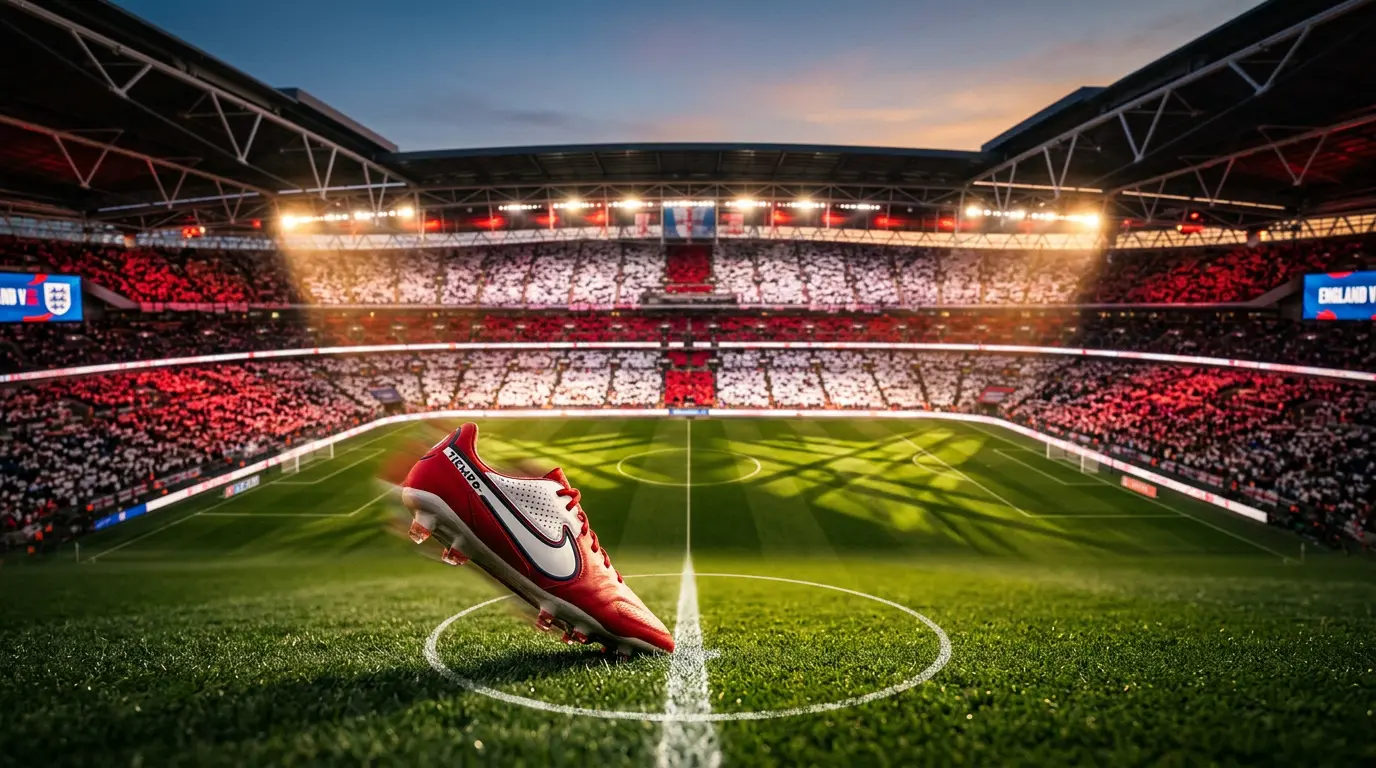 Floodlit stadium with England flag colours in stands and centre-circle pitch detail, professional football boot in motion.