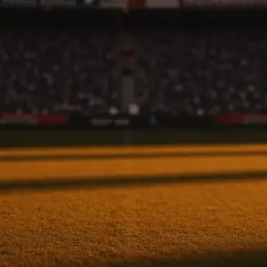 Floodlit stadium pitch at golden hour with packed stands, dramatic shadows, blue-white and red crowd colours.
