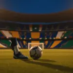 Professional football boots striking a ball on floodlit pitch at evening kick-off, golden-blue stadium lighting and colour-blocked stands in soft focus.